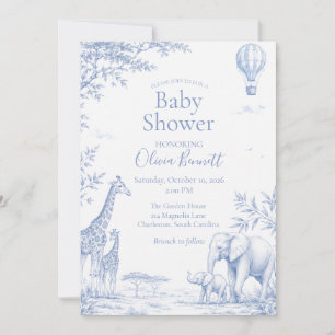 Blue Toile Safari Giraffe Elephant Baby Shower Invitation