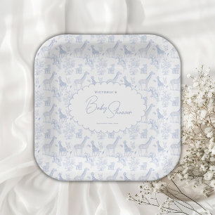 Blue Toile Safari Vintage Baby Shower Paper Plates