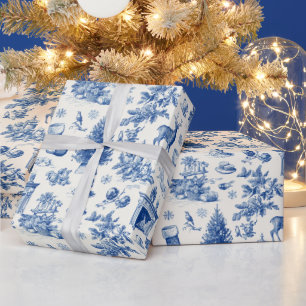 Blue Toile Seamless Pattern Vintage Winter Holiday Wrapping Paper