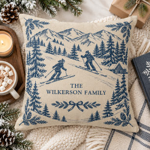 Blue Toile Ski Holiday Vintage Mountain Cushion