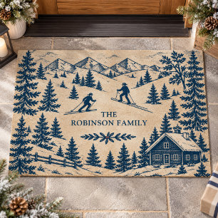 Blue Toile Ski Holiday Vintage Mountain Doormat