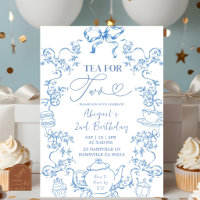 Blue Toile Tea for Two 2nd Birthday Invitation