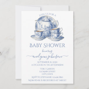 Blue Toile Tea Service Boy Baby Shower Invitation