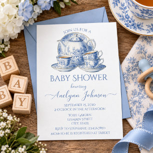 Blue Toile Tea Service Boy Baby Shower Invitation