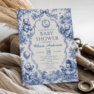Blue Toile Teddy Bear Baby Shower Invitation