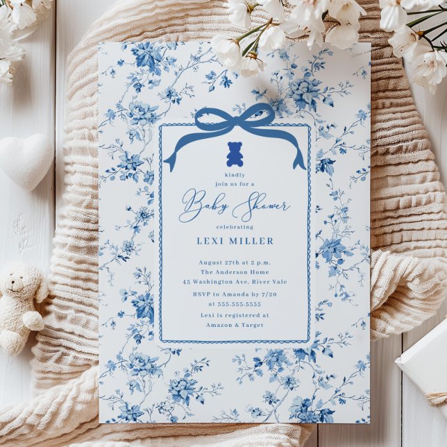 Blue Toile Teddy Bear Baby Shower Invitation (Creator Uploaded)