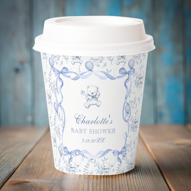 Blue Toile Teddy Bear Baby Shower Paper Cups (Creator Uploaded)