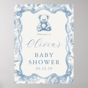 Blue Toile Teddy Bear Baby Shower Welcome Sign