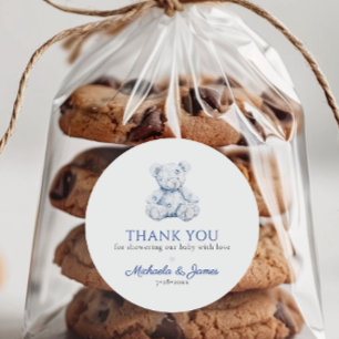 Blue Toile Teddy Bear Boy Baby Shower Favor Classic Round Sticker