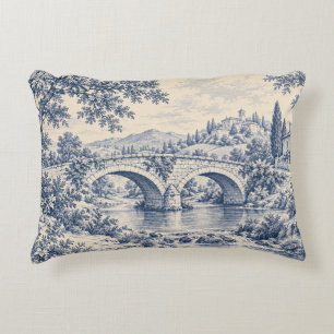 Blue Toile Tuscan Stone Bridge Decorative Cushion