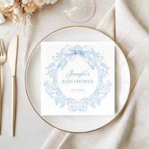Blue Toile Vintage Frame Bow Baby Boy Shower Napkin
