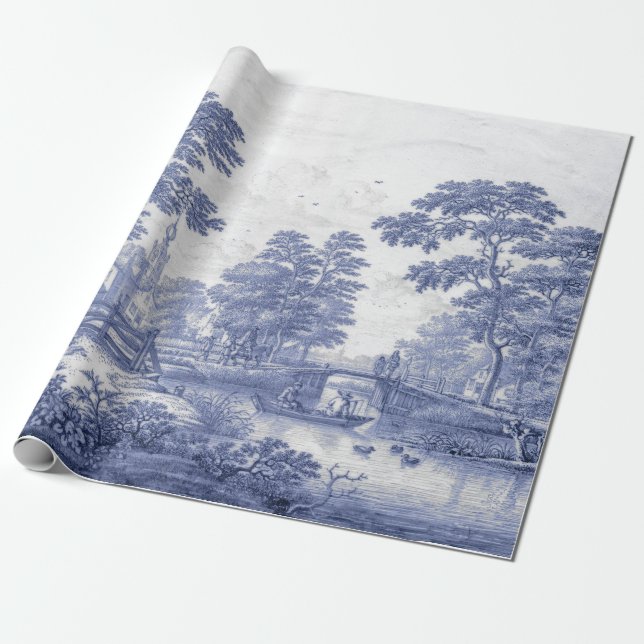 Blue Toile Vintage French Decoupage  Wrapping Paper (Unrolled)