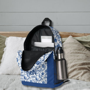 Blue Toile Watercolor Floral Monogram Initial Name Printed Backpack
