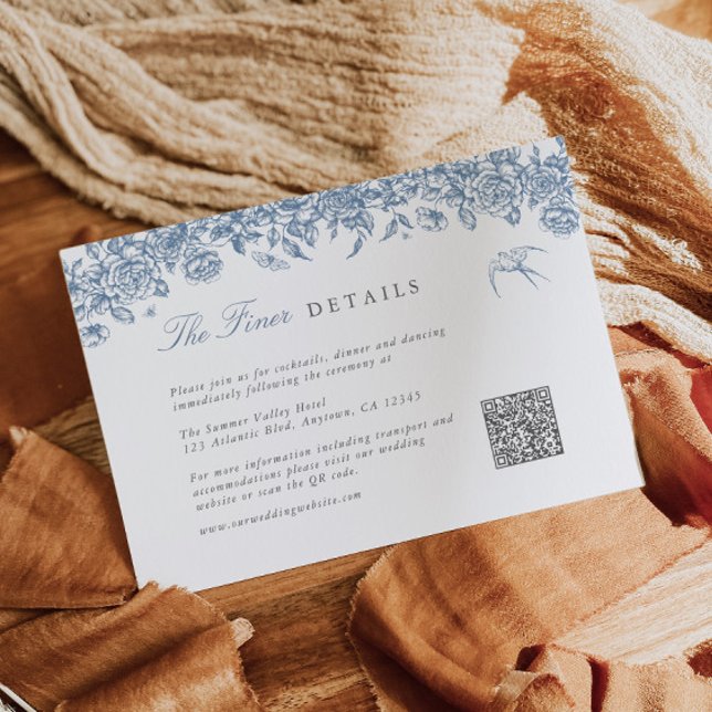 Blue Toile Wedding Details Enclosure Card QR Code  (Creator Uploaded)