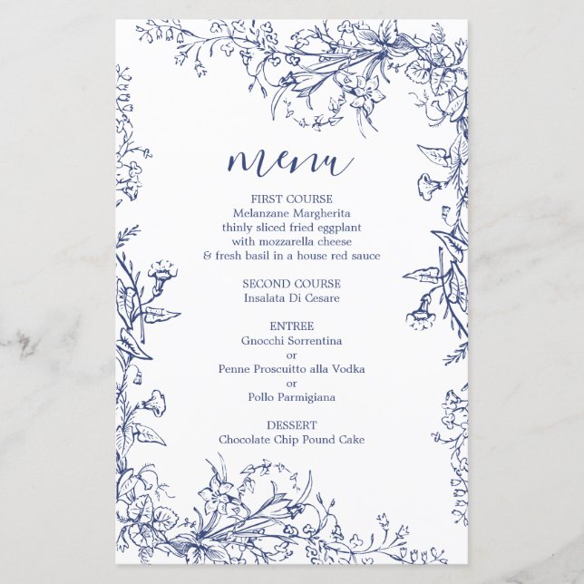 Blue Toile wedding Menu Card (Front)