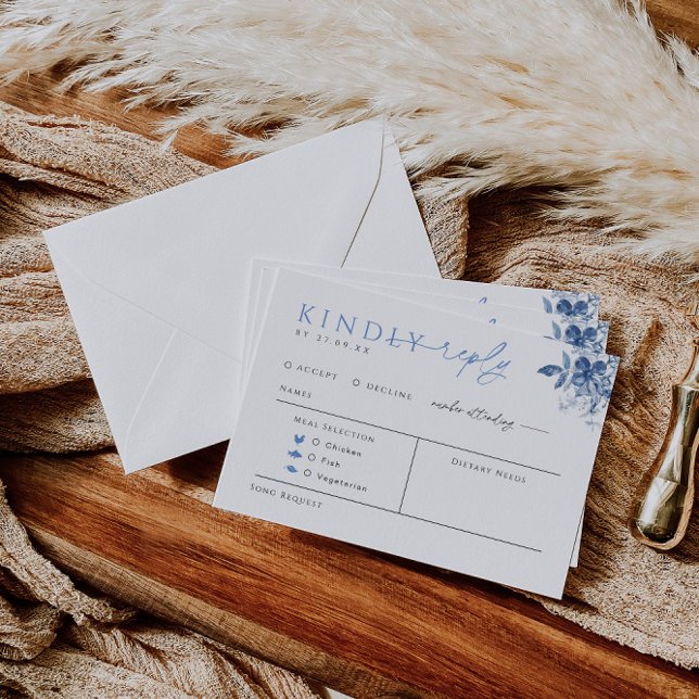 Blue Toile Wedding Reply Card with Meal Choice (Creator Uploaded)