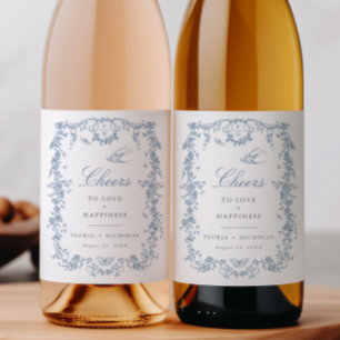 Blue Toile Wedding Wine Bottle Label Chinoiserie