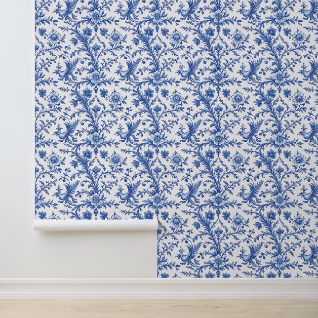 Blue Toile with Magical Birds Wallpaper (Application)
