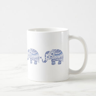 Blue Tones Glitter Floral Elephant Design Coffee Mug