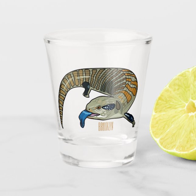 Blue-tongued skink cartoon illustration shot glass (Front)