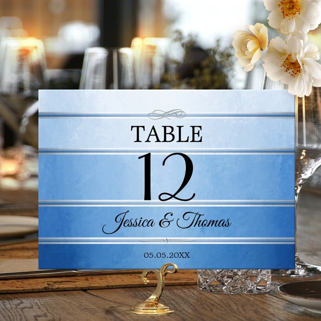 Blue Tonne sur Tonne Striped Table Number Card (Elegant table number card featuring a painted blue ton sur ton striped design with a silver lining)