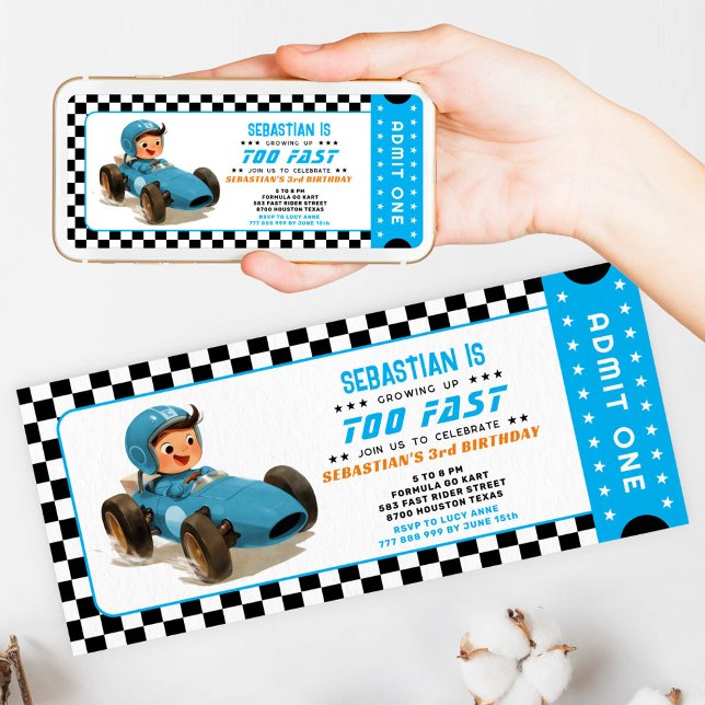 Blue Too Fast Racing Car Ticket Birthday Invitation (Creator Uploaded)