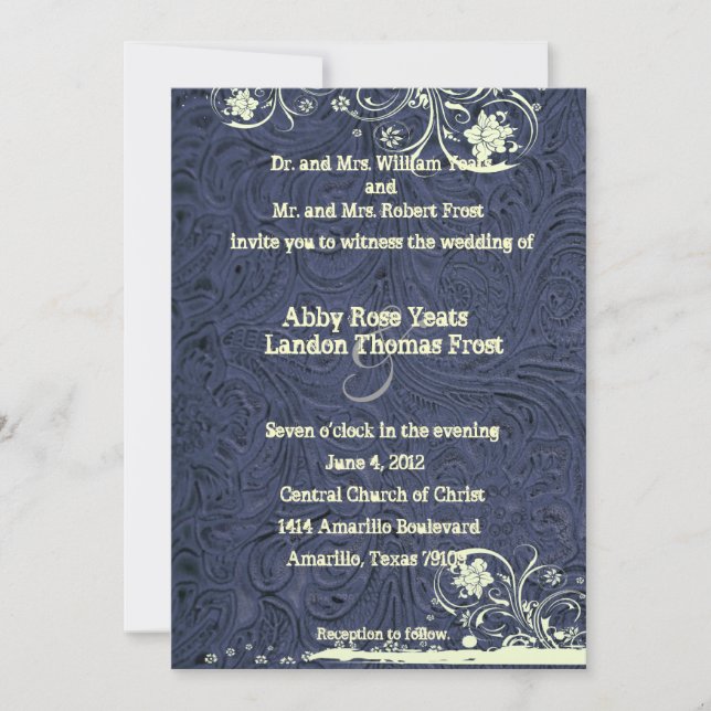 Blue Tooled Leather and Cream Lace Wedding Invitation (Front)
