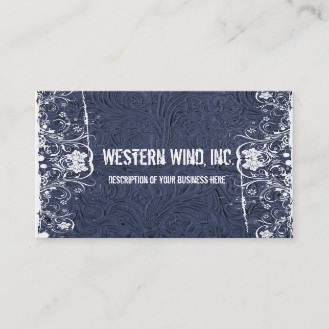 Blue Tooled Leather and Lace Business Card (Front)
