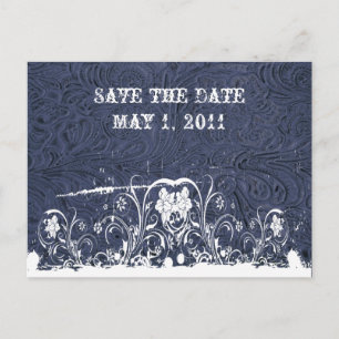 Blue Tooled Leather Save the Date Announcement Postcard