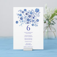 Blue Top Bouquet Wedding Table Number Guest names