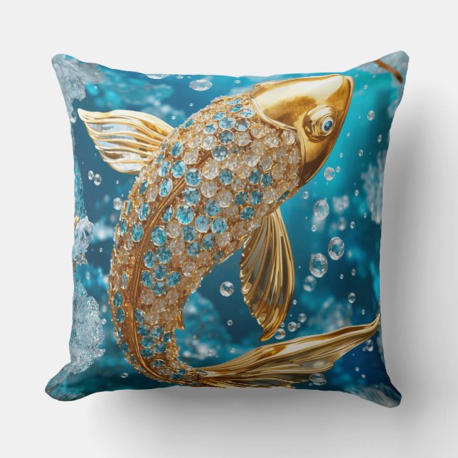 Blue Topaz|Gold Koi Fish|Gold|Throw Pillow (Front)