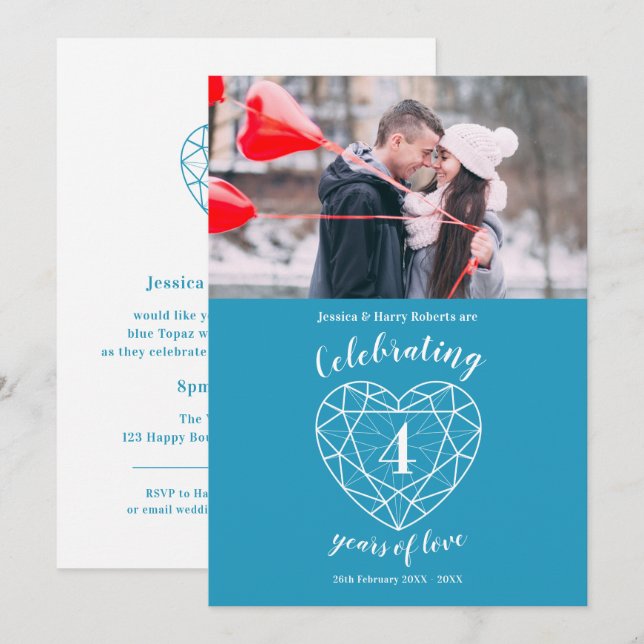 Blue topaz heart anniversary 4 years photo invites (Front/Back)
