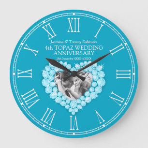 Blue topaz photo heart 4th wedding anniversary large clock