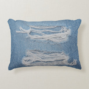 Blue torn denim jeans texture background. Stylish, Decorative Cushion