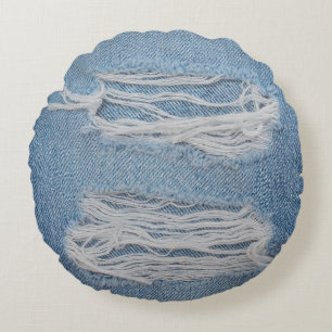 Blue torn denim jeans texture background. Stylish, Round Cushion