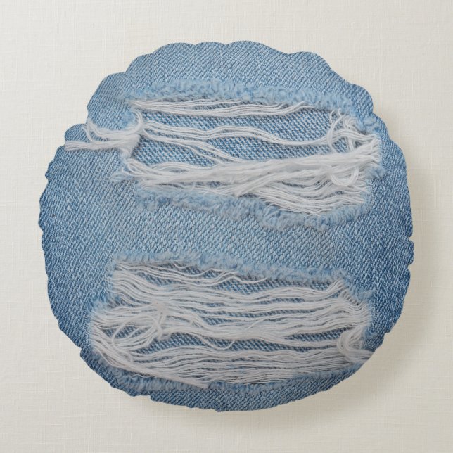Blue torn denim jeans texture background. Stylish, Round Cushion (Front)