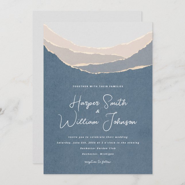 blue torn paper mountains wedding invitation (Front/Back)