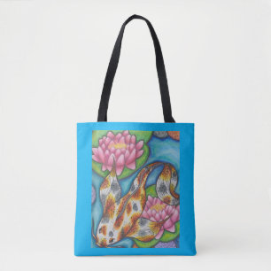 Blue Tote Bag With Orange Koi Fish Pencil Art