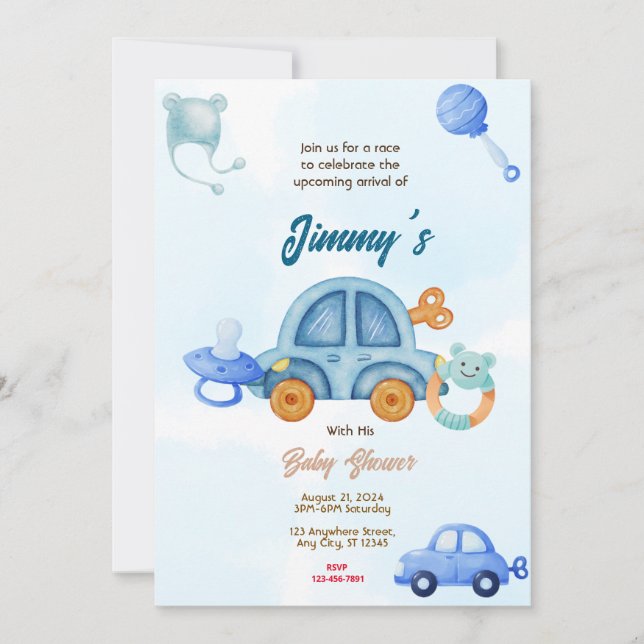  Blue Toy Car Baby Shower Invitation (Front)