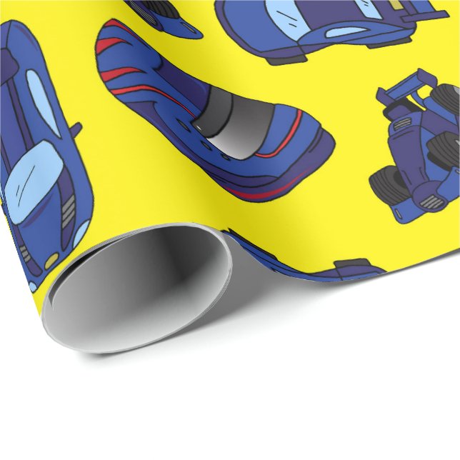 Blue Toy Racing Cars and Crash Helmets Motorsport Wrapping Paper (Roll Corner)