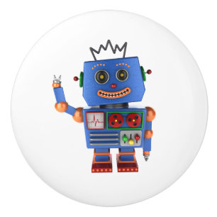 Blue toy robot waving hello ceramic knob