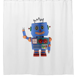 Blue toy robot waving hello shower curtain