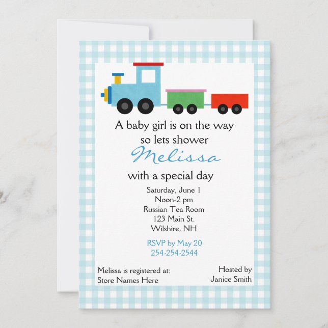 Blue Toy Train Baby Shower Invitation (Front)