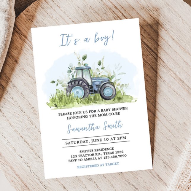 Blue Tractor Baby Shower  Invitation (Farm Tractor Baby Shower Invitation)