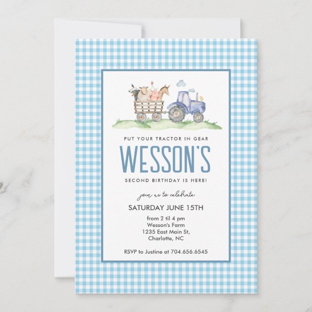Blue Tractor Birthday, Farm Birthday Invitation  (Front)
