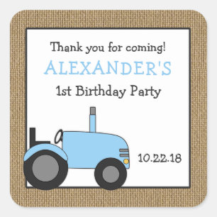 Blue tractor birthday party favour sticker