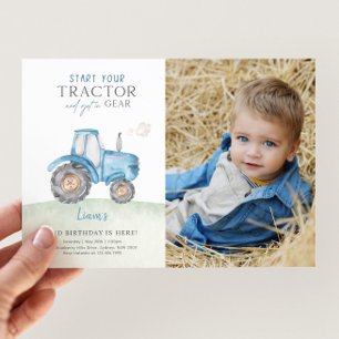 Blue Tractor Birthday Party Photo Invitation