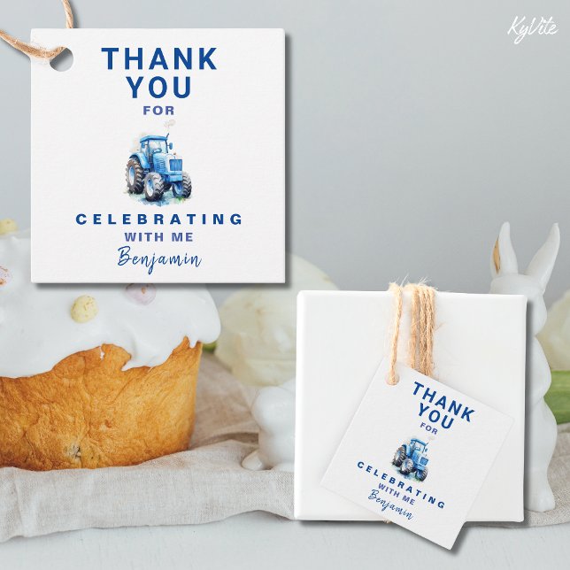 Blue Tractor Birthday Square Favour Gift Tag  (Creator Uploaded)