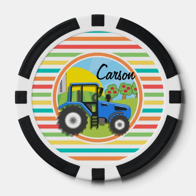 Blue Tractor; Bright Rainbow Stripes Poker Chips (Front)