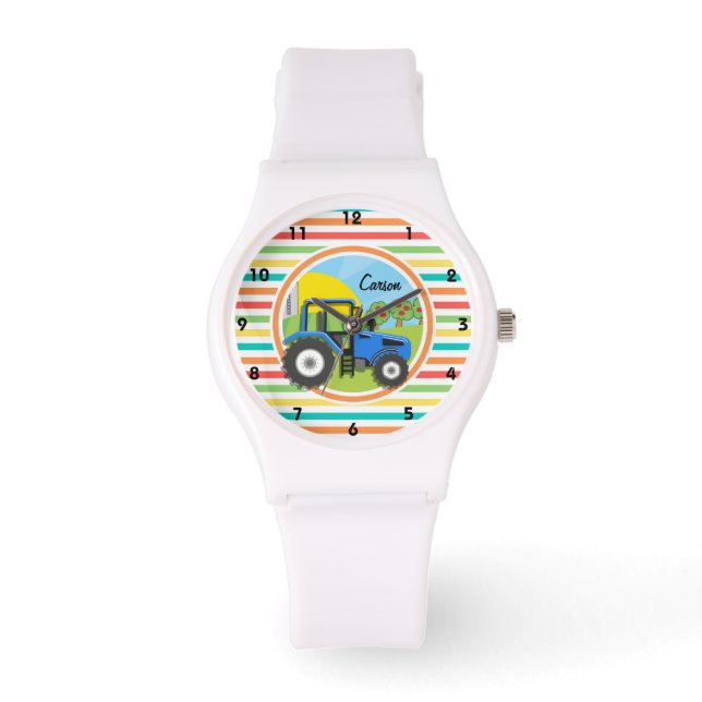 Blue Tractor; Bright Rainbow Stripes Watch (Front)